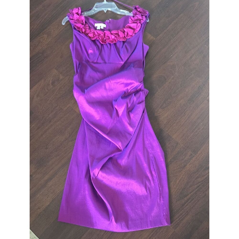 London Times Purple Cocktail Dress with Rosette Neckline